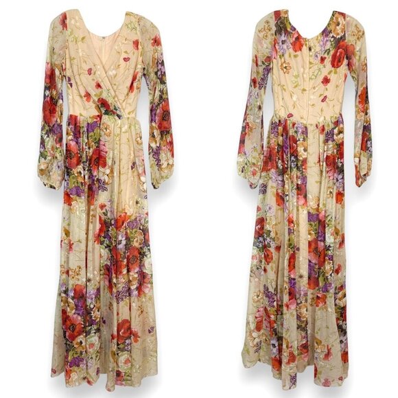 Vintage 70s Jack Bryan Maxi Dress Floral Print Chiffon Party Summer Cocktail XS - Picture 16 of 16